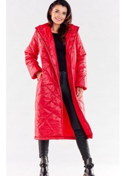 Pikowany długi płaszcz z kapturem czerwony A542 ze sklepu intimiti.pl w kategorii Płaszcze damskie - zdjęcie 187874996