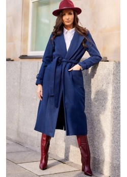 Długi płaszcz z wiązaniem granatowy 0017 ze sklepu intimiti.pl w kategorii Płaszcze damskie - zdjęcie 187877259