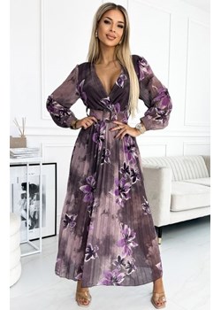 Numoco 520-1 plisowana szyfonowa długa sukienka z dekoltem, długim rękawkiem i szerokim paskiem ze sklepu intimiti.pl w kategorii Sukienki - zdjęcie 187877305