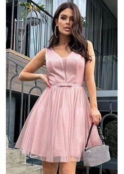 Rozkloszowana błyszcząca sukienka z kokardą cappucino 271-04 ze sklepu intimiti.pl w kategorii Sukienki - zdjęcie 187889966