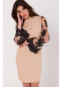 Makover sukienka z rękawami z gipiury beżowa K182 ze sklepu intimiti.pl w kategorii Sukienki - zdjęcie 187897459