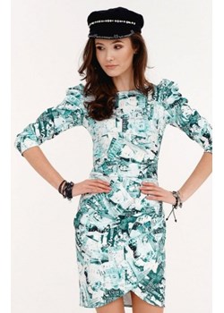 Ołówkowa sukienka z bufkami gazetowy wzór miętowy 0279 ze sklepu intimiti.pl w kategorii Sukienki - zdjęcie 187903798