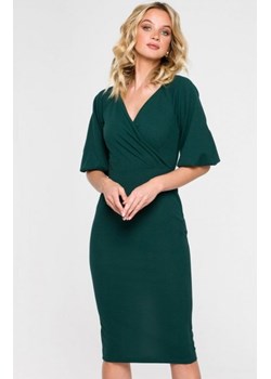 Kopertowa sukienka z bufiastymi rękawami zielona K152 ze sklepu intimiti.pl w kategorii Sukienki - zdjęcie 187906788
