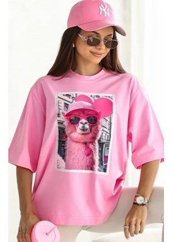 Oversizowy t-shirt damski lama cukierkowy róż ze sklepu intimiti.pl w kategorii Bluzki damskie - zdjęcie 187907385