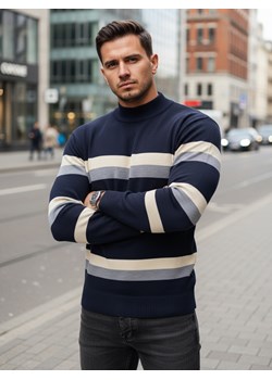 Sweter męski półgolf w paski granatowy Dstreet WX2126 ze sklepu DSTREET.PL w kategorii Swetry męskie - zdjęcie 187912768