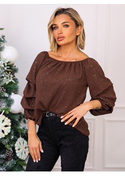 BLUZKA HISZPANKA Z METALICZNYM WZOREM- CZEKOLADOWA ze sklepu olika.com.pl w kategorii Bluzki damskie - zdjęcie 187916517