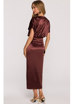 Satynowa sukienka damska z wiązaniem brązowa M887, Kolor brązowy, Rozmiar 2XL/3XL, MOE ze sklepu Primodo w kategorii Sukienki - zdjęcie 187917836