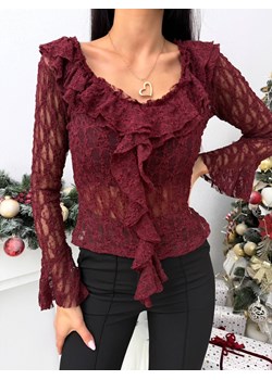 Bordowa Koronkowa Bluzka z Żabotem ze sklepu ModnaKiecka.pl w kategorii Bluzki damskie - zdjęcie 187920049