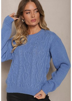 Niebieski Sweter z Wełną Ozdobnym Splotem i Ściągaczem Nariae ze sklepu renee.pl w kategorii Swetry damskie - zdjęcie 187928358