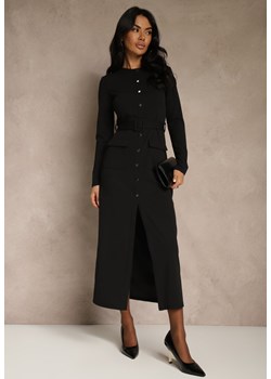 Czarna Koszulowa Sukienka z Wiskozą Ozdobiona Paskiem i Guzikami Vetionna ze sklepu renee.pl w kategorii Sukienki - zdjęcie 187931308