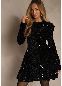 Czarna Koktajlowa Sukienka Zdobiona Cekinami i Geometrycznymi Ramionami Milefera ze sklepu renee.pl w kategorii Sukienki - zdjęcie 187931318