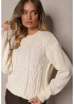 Jasnobeżowy Sweter z Wełną Ozdobnym Splotem i Ściągaczem Nariae ze sklepu renee.pl w kategorii Swetry damskie - zdjęcie 187935379