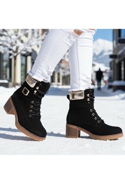 Czarne wiązane botki damskie zimowe /J5-2 18548 W2/ ze sklepu Pantofelek24.pl w kategorii Botki - zdjęcie 187936237