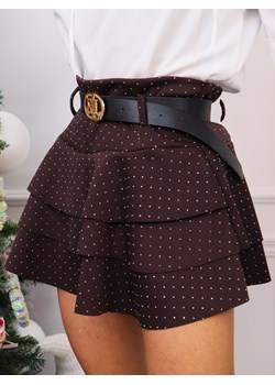 SPÓDNICZKA Z UKRYTYMI SZORTAMI ZDOBIONA CYRKONIAMI+ PASEK- CIEMNO CZEKOLADOWA ze sklepu olika.com.pl w kategorii Spódnice - zdjęcie 187936576