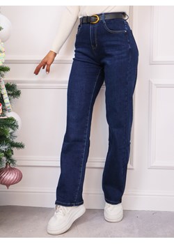 SPODNIE JEANSOWE O PROSTYM KROJU I WYSOKIM STANEM+ PASEK GRATIS- GRANATOWE ze sklepu olika.com.pl w kategorii Jeansy damskie - zdjęcie 187951518