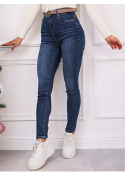 SPODNIE JEANSOWE SKINNY Z WYSOKIM STANEM PUSH UP + PASEK- GRANATOWE ze sklepu olika.com.pl w kategorii Jeansy damskie - zdjęcie 187951557