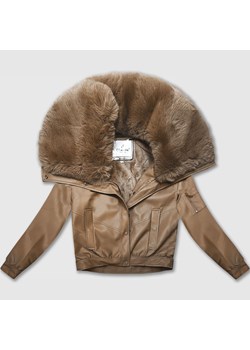 Skórzana kurtka z dużym futrzanym kołnierzem Glakate camel (LU98090#) ze sklepu goodlookin.pl w kategorii Kurtki damskie - zdjęcie 187964928