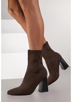 Brązowe Botki Vices na Geometrycznym Obcasie ze Skarpetową Cholewką Falacea ze sklepu born2be.pl w kategorii Botki - zdjęcie 187965147