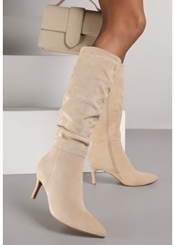 Beżowe Marszczone Kozaki z Imitacji Zamszu na Obcasie Typu Szpilka Rilavira ze sklepu renee.pl w kategorii Kozaki damskie - zdjęcie 187967685