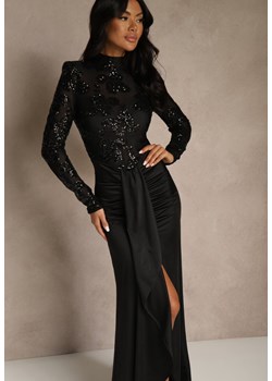 Czarna Koktajlowa Sukienka z Półgolfem Zdobiona Cekinami i Trenem Nautitune ze sklepu renee.pl w kategorii Sukienki - zdjęcie 187967695