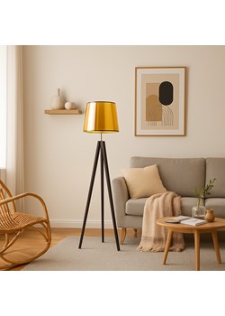 Drewniana lampa stojąca na trójnogu ze złotym kloszem ARUBA MIRROR ze sklepu Lysne w kategorii Lampy podłogowe - zdjęcie 187973959