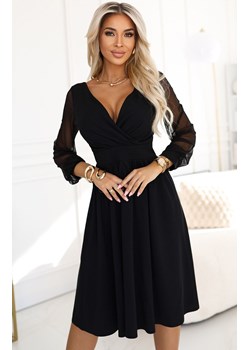Czarna sukienka midi z kopertowym dekoltem i tiulowymi rękawami 657-1, Kolor czarny, Rozmiar L, Numoco ze sklepu Primodo w kategorii Sukienki - zdjęcie 187974658