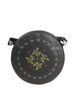 czarna okrągła damska  torebka skórzana z haftem  na ramię Hela Flo ze sklepu Słoń Torbalski w kategorii Listonoszki - zdjęcie 187977156