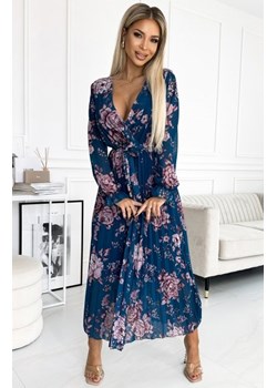 Numoco 519-3 plisowana szyfonowa długa sukienka z dekoltem, długim rękawkiem i paskiem ze sklepu intimiti.pl w kategorii Sukienki - zdjęcie 187977377