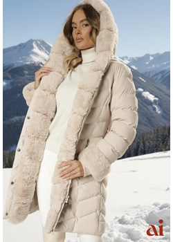 Jasnobeżowa Kurtka z Pikowanymi Przeszyciami Mocno Ocieplana z Paskiem i Odpinanym Futerkiem Hedista ze sklepu renee.pl w kategorii Kurtki damskie - zdjęcie 187978217