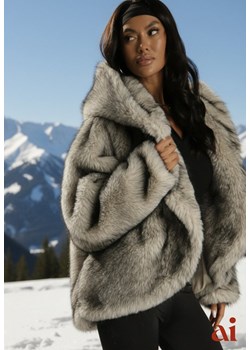 Szara Oversizowa Kurtka Futerko z Kapturem Venelle ze sklepu renee.pl w kategorii Kurtki damskie - zdjęcie 187978227