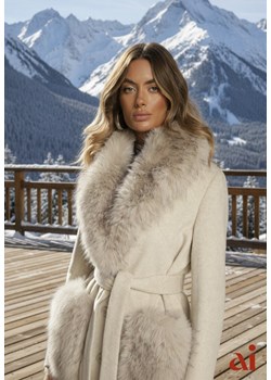 Beżowy Płaszcz z Futrzanym Kołnierzem Kieszeniami i Wiązanym Paskiem Perria ze sklepu renee.pl w kategorii Płaszcze damskie - zdjęcie 187978229