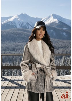 Beżowa Kurtka Futerko z Wiązanym Paskiem i Szerokim Kołnierzem Coverra ze sklepu renee.pl w kategorii Kurtki damskie - zdjęcie 187978235