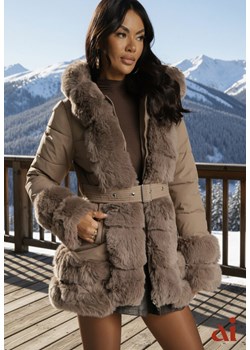Ciemnobeżowa Kurtka o Taliowanym Kroju z Paskiem Kapturem i Futerkiem Ranalia ze sklepu renee.pl w kategorii Kurtki damskie - zdjęcie 187978237