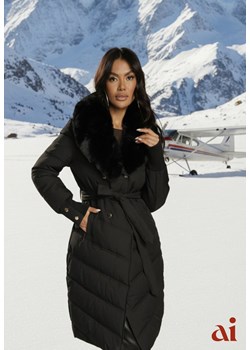 Czarna Pikowana Kurtka o Eleganckim Kroju z Futerkiem i Wiązanym Paskiem Galinessa ze sklepu renee.pl w kategorii Kurtki damskie - zdjęcie 187978239