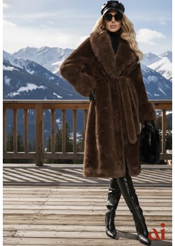 Brązowy Futrzany Płaszcz z Wiązanym Paskiem Ozdobnym Kołnierzem i Mankietami Viaressa ze sklepu renee.pl w kategorii Futra damskie - zdjęcie 187979828