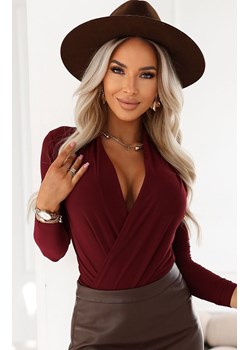 Stylowe body damskie z kopertowym dekoltem bordowe 375-9, Kolor bordowy, Rozmiar L, Numoco ze sklepu Intymna w kategorii Bluzki damskie - zdjęcie 187988208