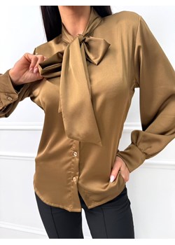 Brązowa Satynowa Koszula z Wiązaniem przy Dekolcie ze sklepu ModnaKiecka.pl w kategorii Koszule damskie - zdjęcie 187995059
