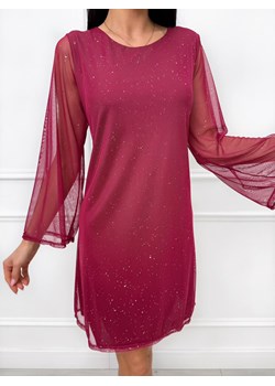Bordowa Prosta Połyskująca Sukienka z Siateczki ze sklepu ModnaKiecka.pl w kategorii Sukienki - zdjęcie 187995095