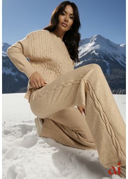 Beżowy Dzianinowy Komplet z Wełną w Warkoczowy Splot Spodnie i Sweter Reinette ze sklepu renee.pl w kategorii Komplety i garnitury damskie - zdjęcie 187997268
