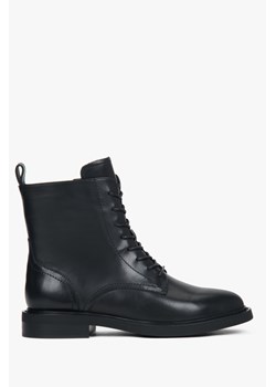 Estro: Niskie czarne trzewiki damskie ze skóry naturalnej z ozdobnym sznurowaniem ze sklepu Estro w kategorii Botki - zdjęcie 188003709