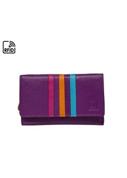 fioletowy portfel skórzany damski z kolorowymi paskami 14x9,5 cm ze sklepu Słoń Torbalski w kategorii Portfele damskie - zdjęcie 188006239
