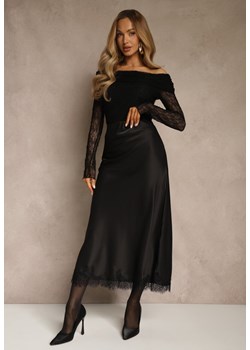 Czarna Spódnica z Satyny Zdobiona Koronką Marefera ze sklepu renee.pl w kategorii Spódnice - zdjęcie 188009938