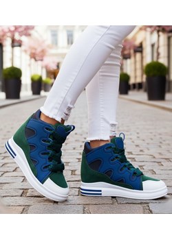 Sznurowane granatowo zielone trampki sneakersy na niskim koturnie /E2-3 15824 D430/ ze sklepu Pantofelek24.pl w kategorii Buty sportowe damskie - zdjęcie 188015226
