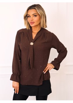 BLUZKA Z OZDOBNYM KRAWATEM I BROKATEM- CZEKOLADOWA ze sklepu olika.com.pl w kategorii Bluzki damskie - zdjęcie 188015956