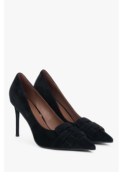 Estro: Czarne buty na wysokim obcasie z ozdobną aplikacją z weluru naturalnego ze sklepu Estro w kategorii Czółenka - zdjęcie 188016339