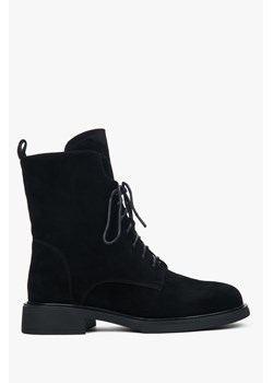 Estro: Czarne welurowe trzewiki damskie na zimę z futrzanym wsadem ze sklepu Estro w kategorii Botki - zdjęcie 188016419