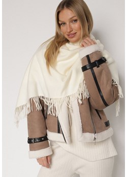 Jasnobeżowy Trójkątny Szalik z Wiskozy i Bawełny z Frędzlami Vetirala ze sklepu born2be.pl w kategorii Szaliki i chusty damskie - zdjęcie 188021665