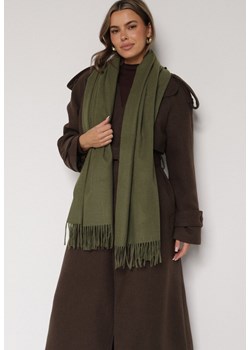 Ciemnozielony Szalik z Bawełną i Wiskozą Ozdobiony Frędzlami Siadortia ze sklepu born2be.pl w kategorii Szaliki i chusty damskie - zdjęcie 188022097