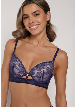 Granatowo-Różowy Klasyczny Biustonosz Zdobiony Koronką i Aplikacją Metheis ze sklepu born2be.pl w kategorii Biustonosze - zdjęcie 188022587