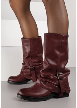 Bordowe Botki z Wywiniętą Marszczoną Cholewką Typu Biker z Paskiem Olinessa ze sklepu born2be.pl w kategorii Botki - zdjęcie 188023628